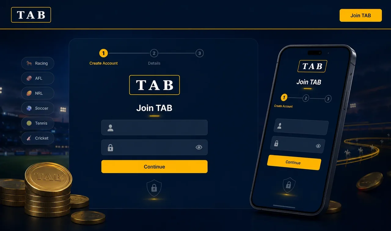 TAB create account registration steps shown on desktop and mobile