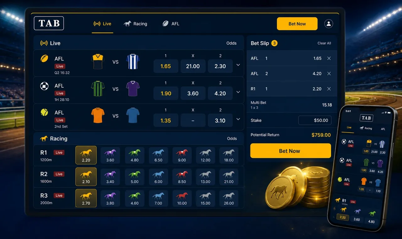 TAB live in-play odds and multi bet slip updating in real time