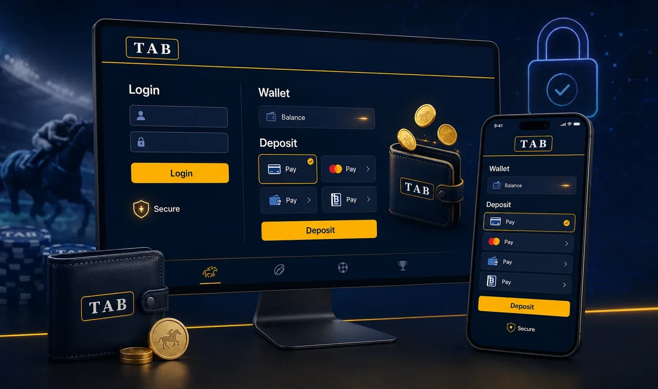 TAB account login screen with secure wallet and deposit options