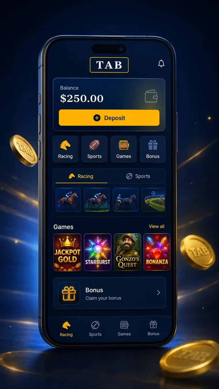 TAB betting app dashboard showing balance, deposit, racing and games tabs