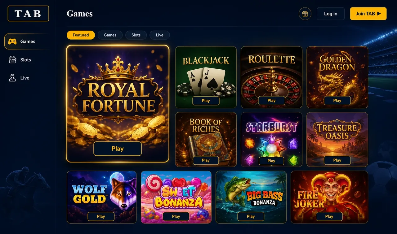 TAB app games section featuring slots and casino titles